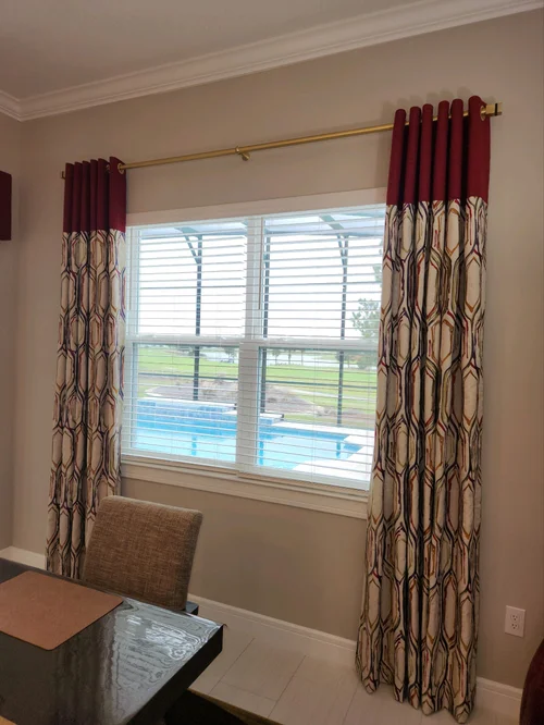 Geometric Pattern Treatments, Bold geometric-pattern window treatments that add scale and personality to a light-filled room. By Custom Fabric Creations, St. Petersburg, FL.