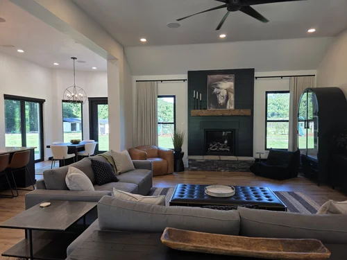 Layered Drapery & Shades, Integrated drapery over shades in an open-plan living space for daytime light and evening privacy. By Custom Fabric Creations, St. Petersburg, FL.