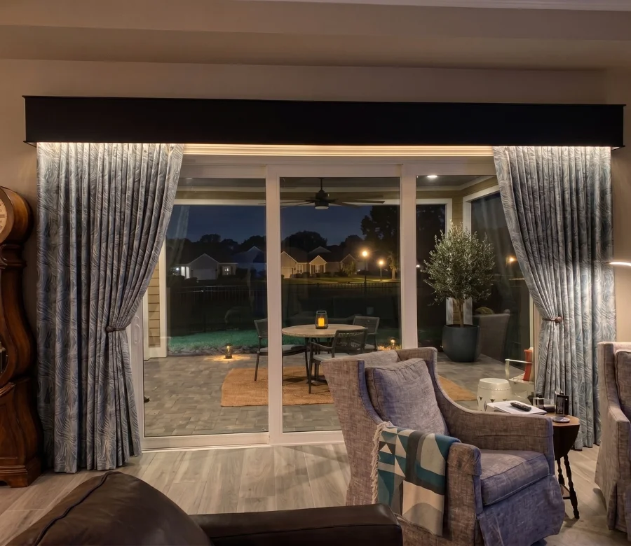 Cornices & Valances, Board-mounted cornices and soft valances that finish the top of the window and tie the room together. By Custom Fabric Creations, St. Petersburg, FL.